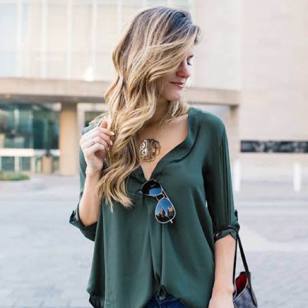 Lush Bright Green V-Neck 3/4 Length Sleeve Tunic Top